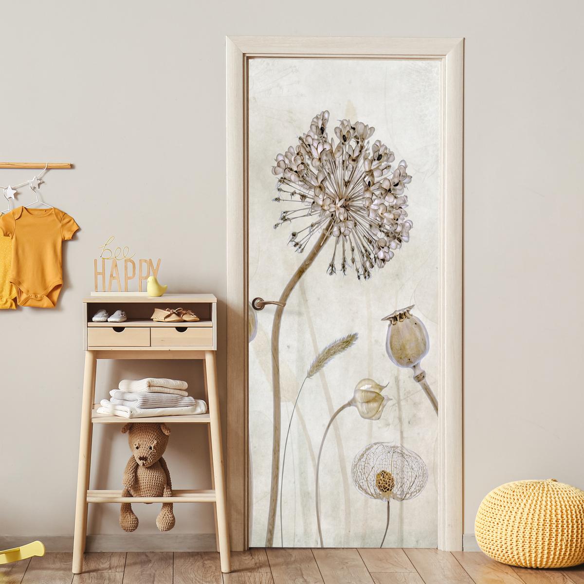 TÜRAUFKLEBER Blumen - Aquarell - Stilleben - Braun - Vintage 85x215 cm - Türtapete - Ecru, Kunststoff (85/0.1cm) - MuchoWow