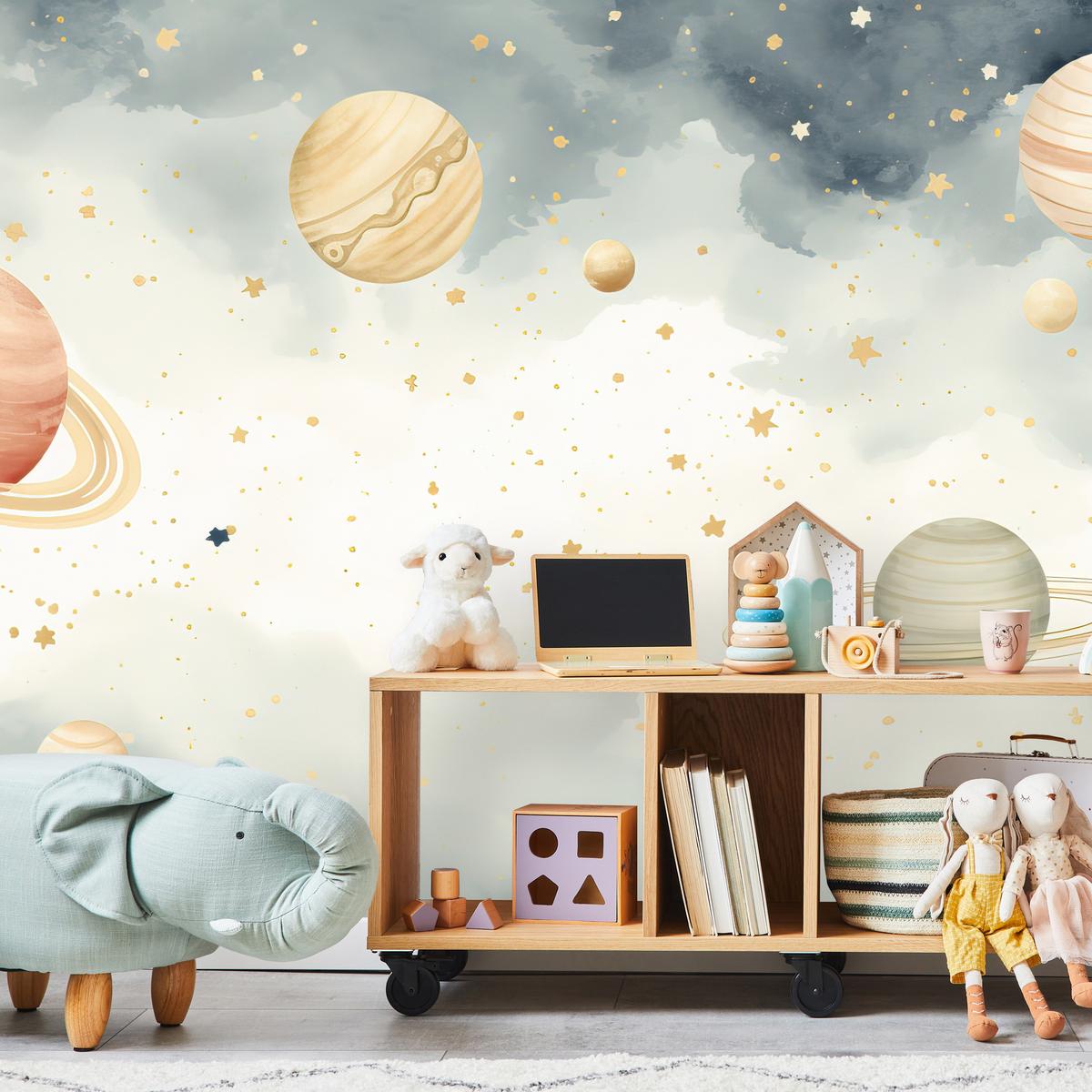 FOTOTAPETE für Kinderzimmer Pastell Planeten Saturn Uran Sterne 100x70 - Blau/Ecru, Papier (100/70cm) - Muralo