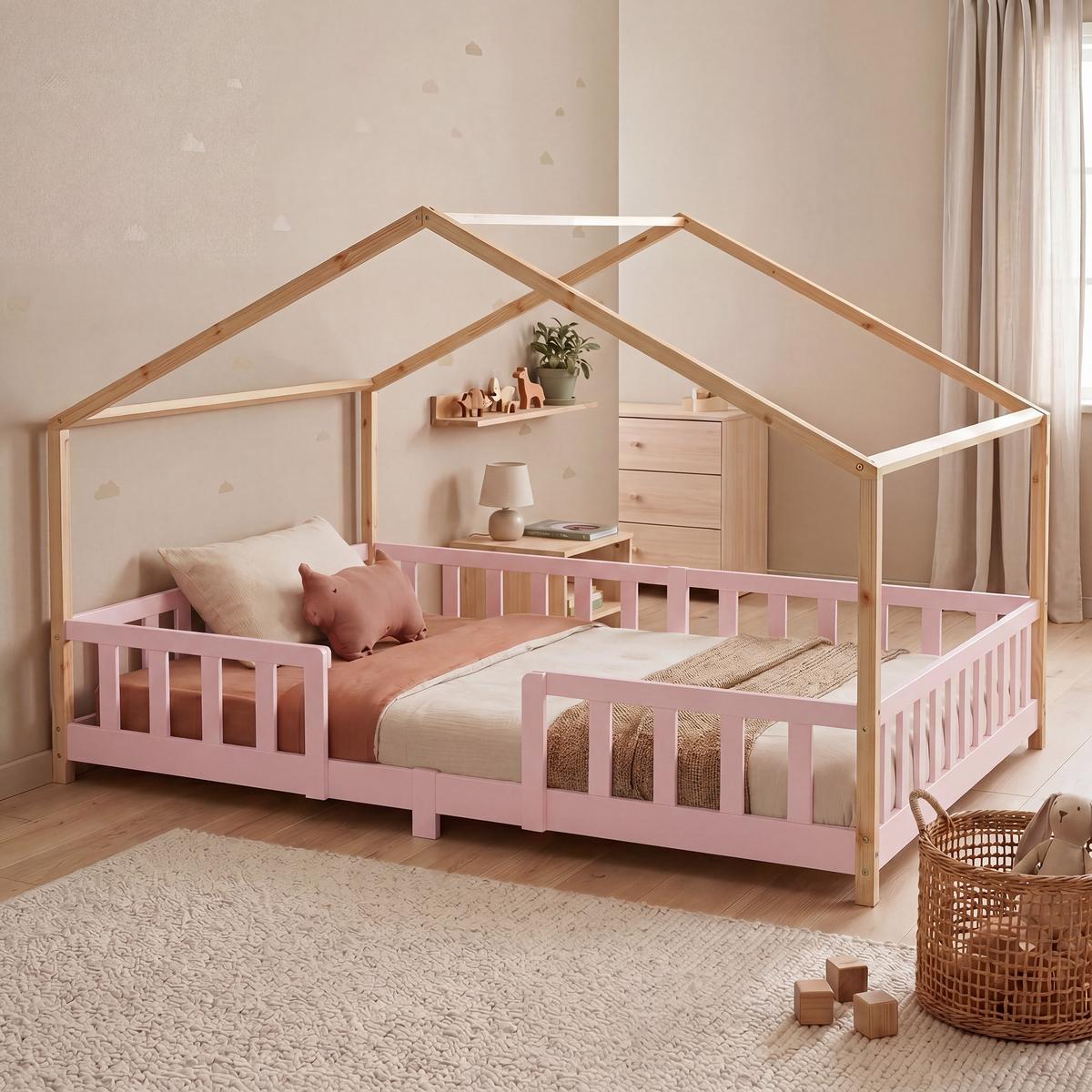 HAUSBETT Treviolo - Pink/Naturfarben, Holz (140/200cm) - [en.casa]