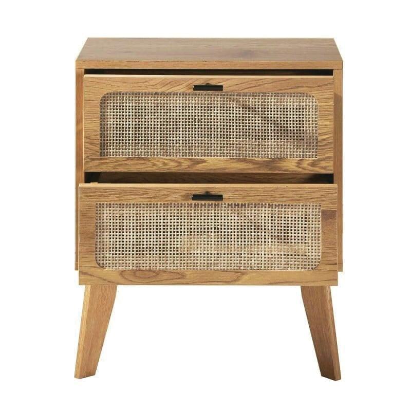 NACHTTISCH mit 2 schubladenrattanfronten und holzdekorbeinen alia 45/29/56 cm - Eschefarben, Holzwerkstoff (45/56/29cm) - Calicosy