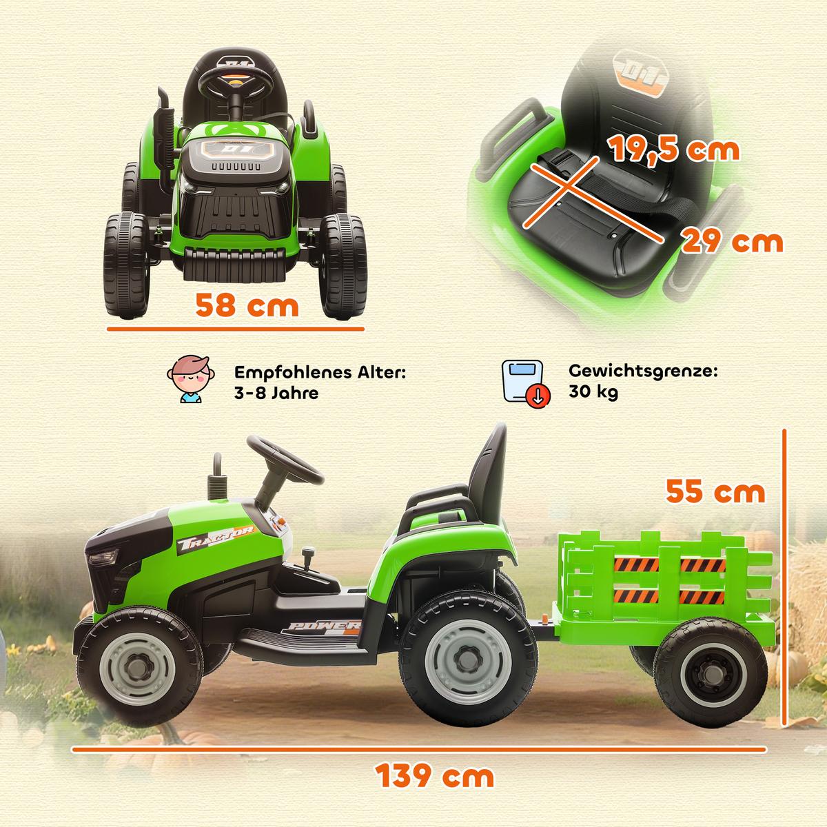 KINDER-ELEKTROTRAKTOR 3-Gang mit Anhänger, 2 Motor, für 3-8 Jahre, Grün - Grün, Metall (139/58/55cm) - AIYAPLAY