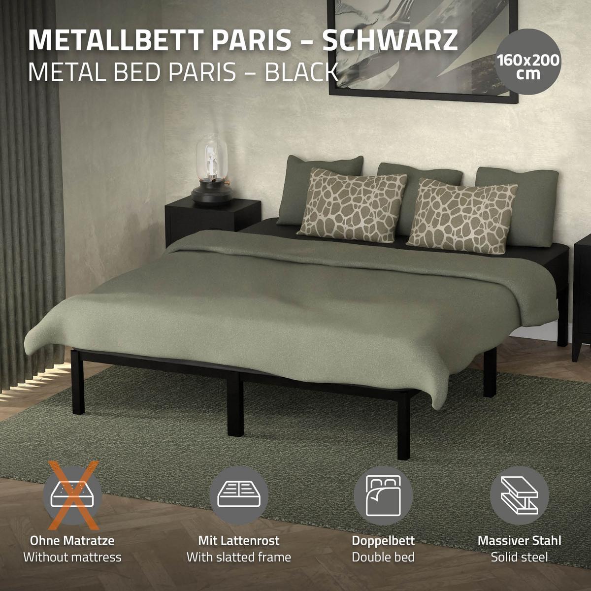 METALLBETT 160x200 cm mit Lattenrost Schwarz auf Stahlrahmen - Schwarz, Metall (160/200cm) - ML-DESIGN