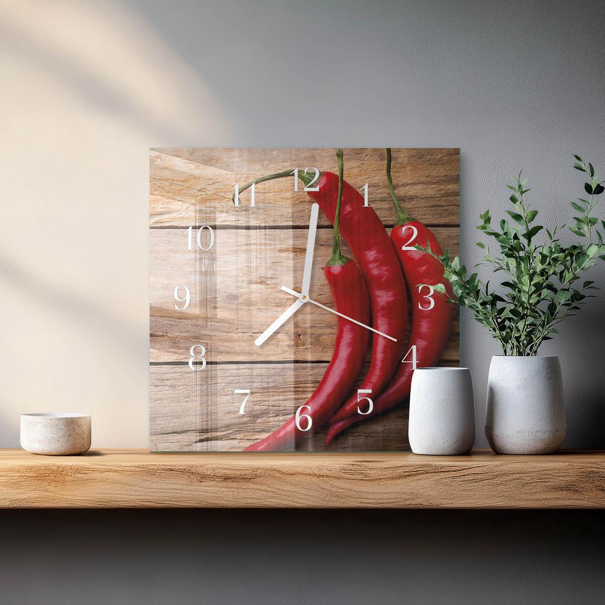 WANDUHR aus Glas 30x30 cm - Chilischoten - Rot, Glas (30/30/0.4cm) - TULUP