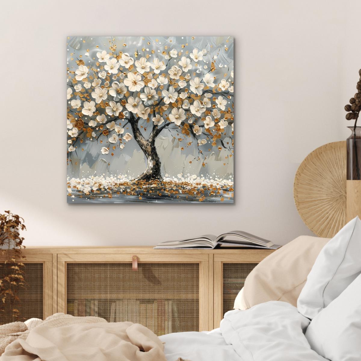 METALLBILD Baum - Blumen - Weiß - Natur - Kunst 50x50 cm - Weiß, Metall (50/50cm) - MuchoWow