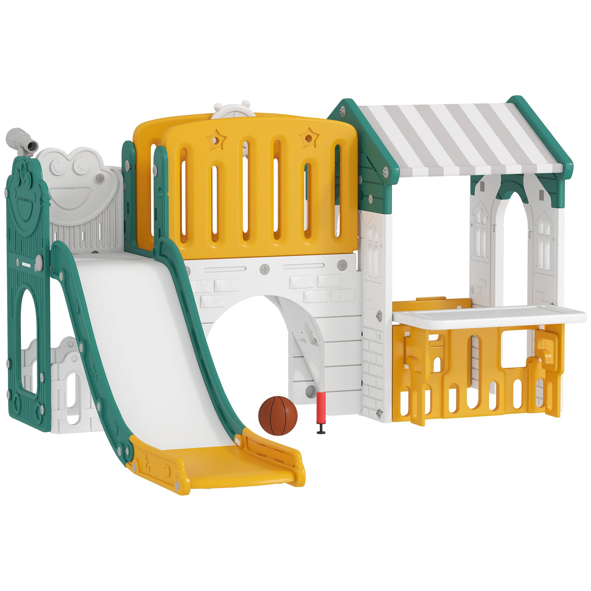 KINDERRUTSCHE 7 in 1 mit Klettergerüst, Basketballkorb, Tunnel, Teleskop - Multicolor, Kunststoff (180/111/189cm) - AIYAPLAY