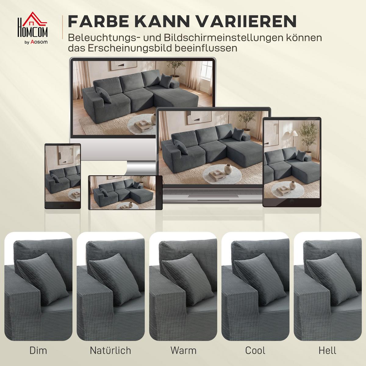 ECKSOFA 3er Set Cord Schaumstoff Dunkelgrau - Dunkelgrau, Textil (168/267cm) - HOMCOM
