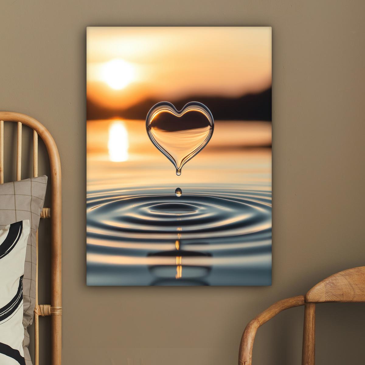 LEINWANDBILD Herz - Wasser - Sonnenuntergang - Natur - Zen Wandbild Wohnzimmer 60x80 cm - Bernsteinfarben, Textil (60/80cm) - MuchoWow