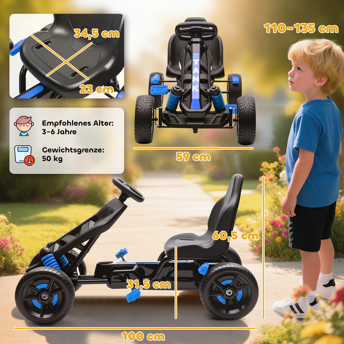 GOKART-TRETAUTO Tretauto mit Handbremse, Automatisches Kupplungssystem, EVA-Räder - Blau, Metall (100/59/60.5cm) - AIYAPLAY