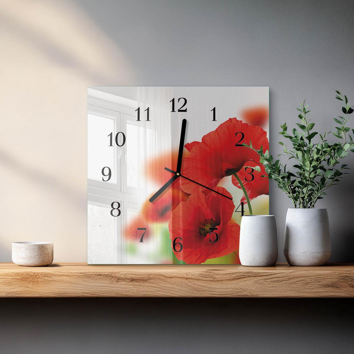 WANDUHR aus Glas 30x30 cm - Mohnblumen - Rot, Glas (30/30/0.4cm) - TULUP