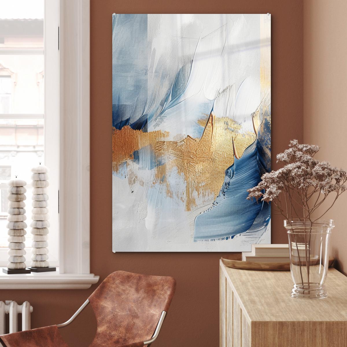 ACRYLGLASBILD Gold - Blau - Aquarell - Kunst - Modern 80x120 cm - Hellblau, Glas (80/120cm) - MuchoWow
