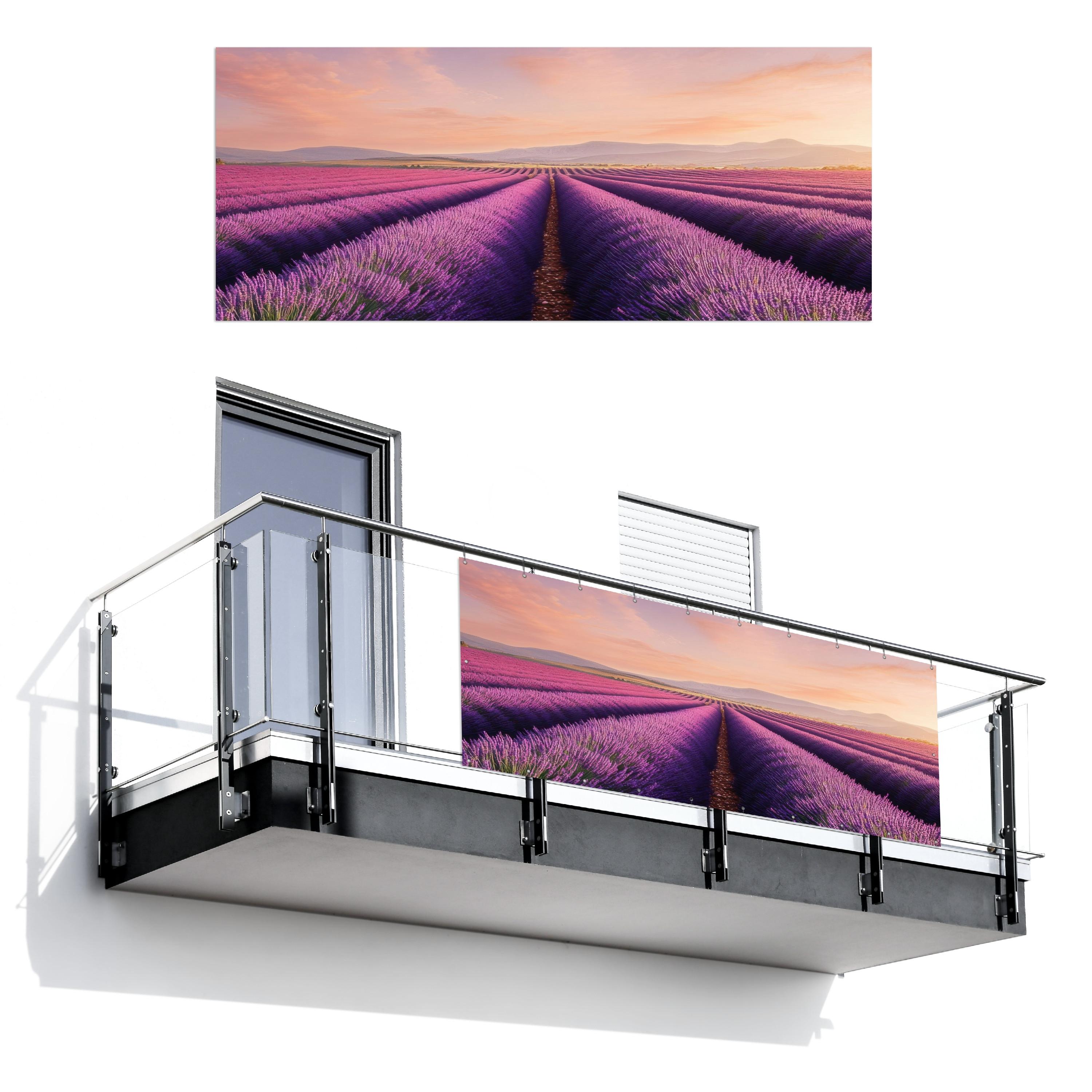 BALKON-SICHTSCHUTZ Lavendelfeld - Sonnenuntergang - Lila - Blumen Balkon Deko 300x120 cm - Violett, Kunststoff (300/120cm) - MuchoWow