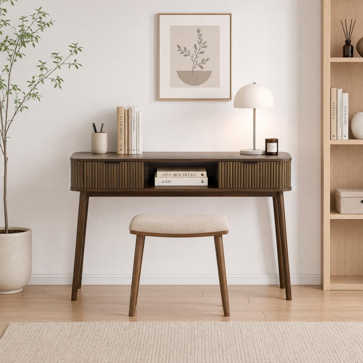 SCHREIBTISCH Mid-Century Walnuss-Optik mit 2 Schubladen & Ablage - Walnussfarben, Holzwerkstoff (35/120/77.6cm) - Urban Meuble