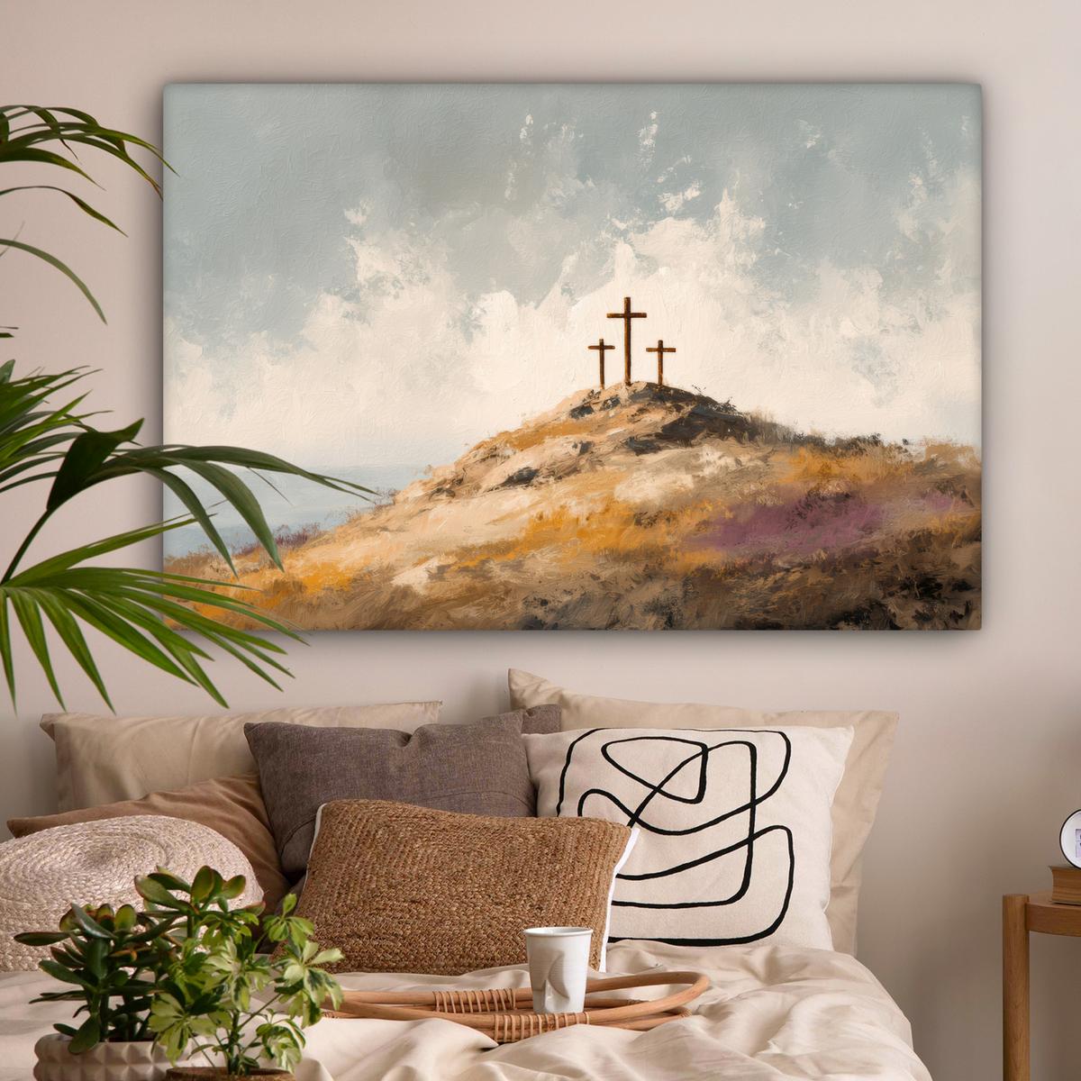 LEINWANDBILD Hügel - Abstrakt - Christentum - Kreuz Wohnzimmer Groß 120x80 cm - Hellgrau, Textil (120/80cm) - MuchoWow