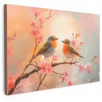 LEINWANDBILD Rotkehlchen - Zierpflanze - Blütenzweig Deko Schlafzimmer 30x20 cm - Hellrosa, Textil (30/20cm) - MuchoWow