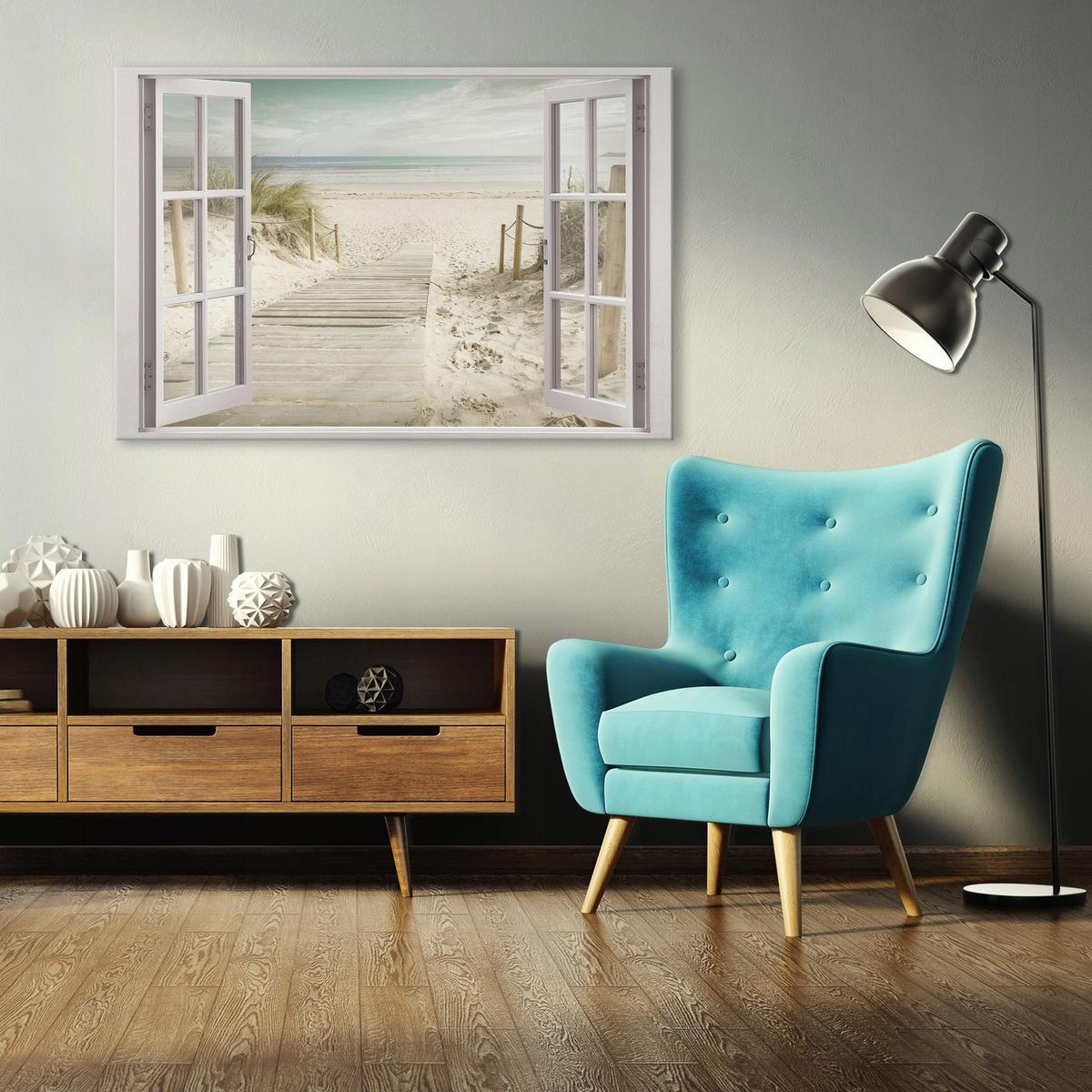 LEINWAND BILDER Fenster Strand Meer Wohnzimmer 80x60 - Multicolor, Holzwerkstoff (80/60cm) - Wallarena