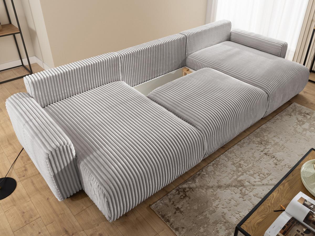 WOHNLANDSCHAFT Calma mit Schlaffunktion und Bettkasten im Bumpy-Design aus weichem Hellgrau Plüschcord - Beige/Hellgrau, Holz/Textil (336/88/140cm) - S-Style
