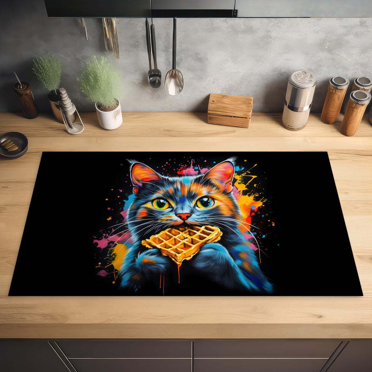 HERDABDECKPLATTE Katze - Graffiti - Bunt - Waffel - Essen Ceranfeldabdeckung 90x52 cm - Multicolor, Kunststoff (90/52/0.2cm) - MuchoWow