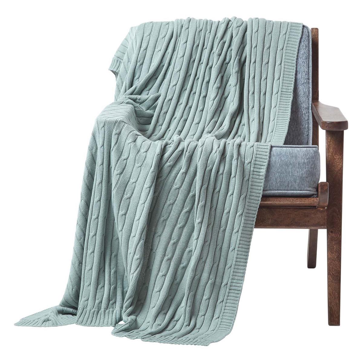 STRICKDECKE 150/200 cm, Baumwolle mit Zopfmuster - Pastellblau, Textil (150/200cm) - Homescapes