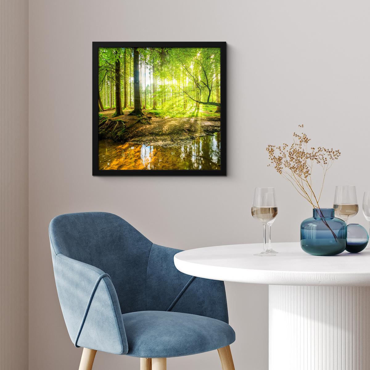 POSTER MIT RAHMENGERAHMTES BILD Wald - Landschaft - Wasser - Bäume - Sonne - Grün - Natur 40x40 cm - Grün, Papier (40/40cm) - MuchoWow