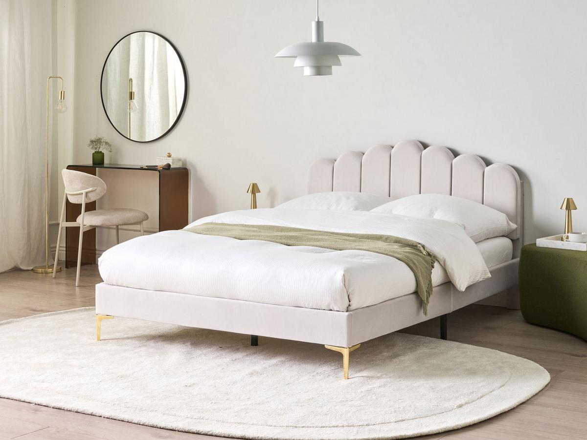 BETT mit Lattenrost 140/200 Samtstoff Cremeweiß Sauvian - Creme, Textil (140/200cm) - Beliani