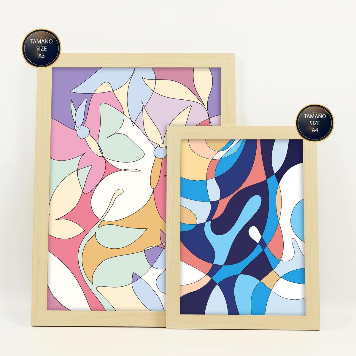 POSTER Set Mit 6 Ethikstile In Blume Zusammenfassung Ästhetische Dekorative Gemälde Für Ihr Wohnzimmer Zuhause A3 & A4 Rahmen Aus Hellem Holz - Beige, Papier (29/3cm) - Nacnic