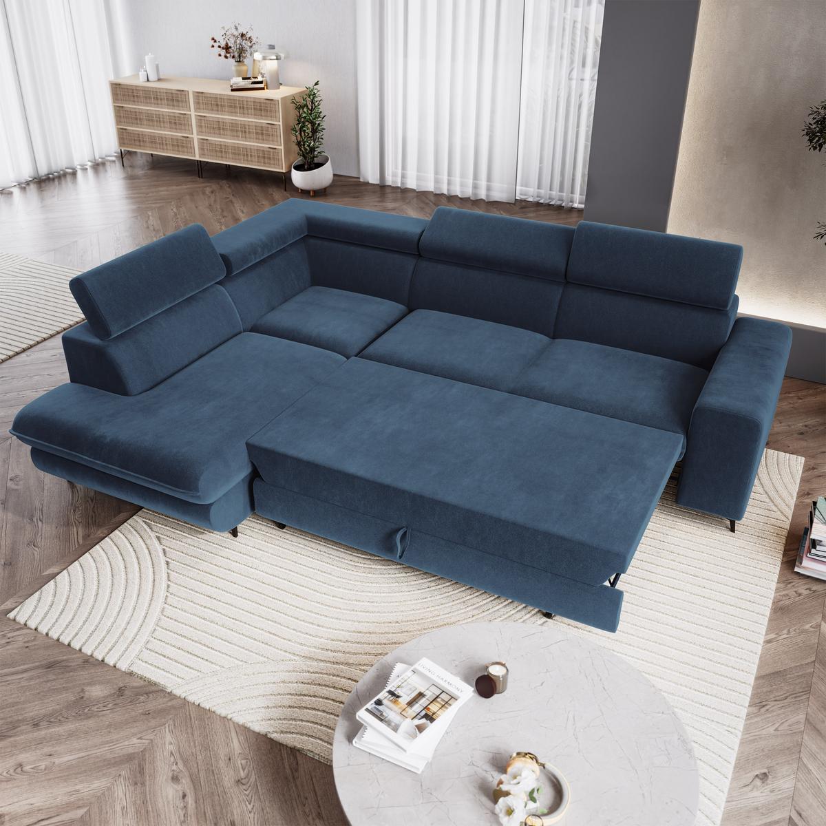 ECKSOFA VELISS Blau Veloursstoff mit Schlaffunktion - Blau, Holz (255/193cm) - MASSENO