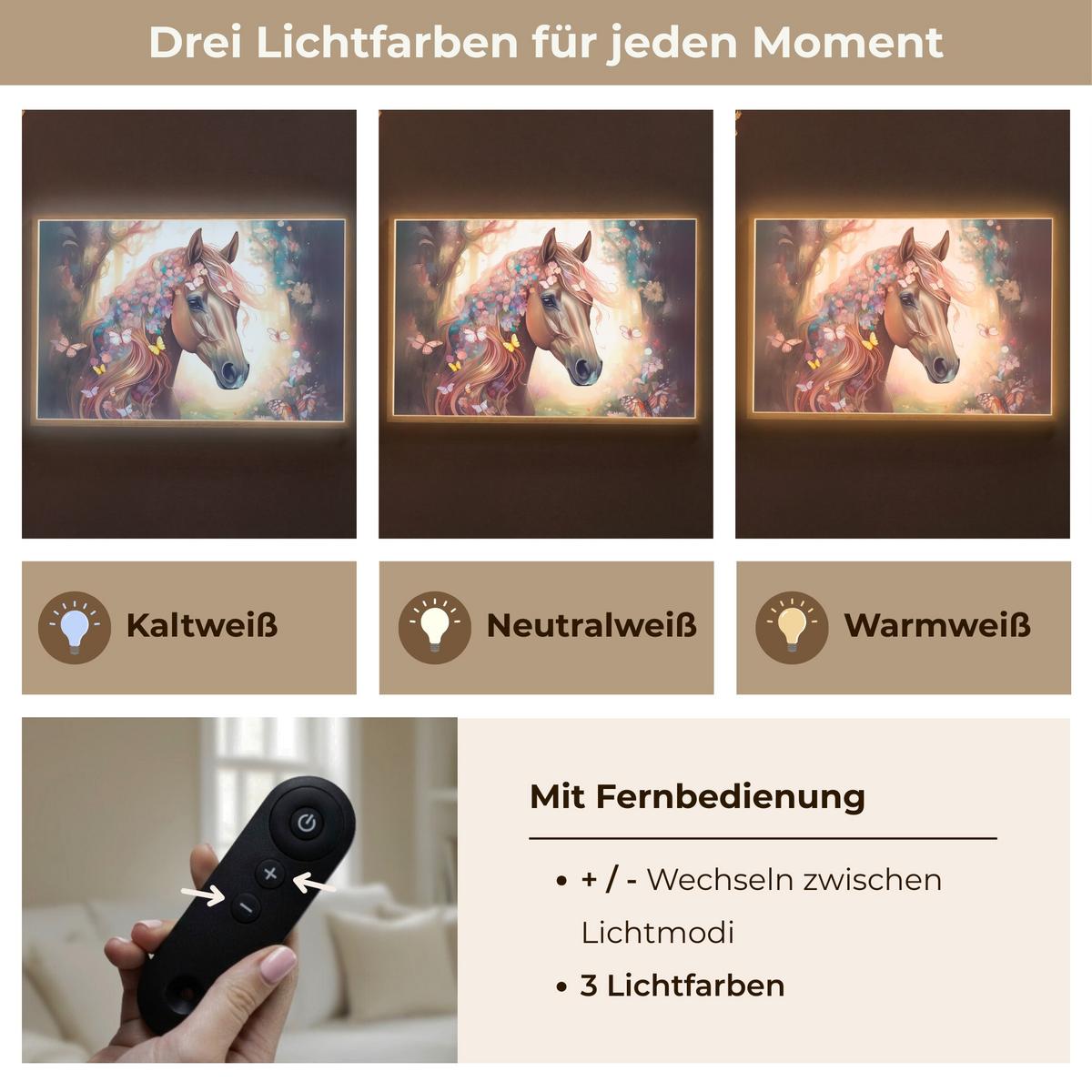 NACHTTISCHLAMPE MIT AKKU Pferd - Natur - Blumen - Schmetterlinge - Wald 90x60 cm - Dunkelbraun, Holzwerkstoff (8/90/60cm) - OnlyWow