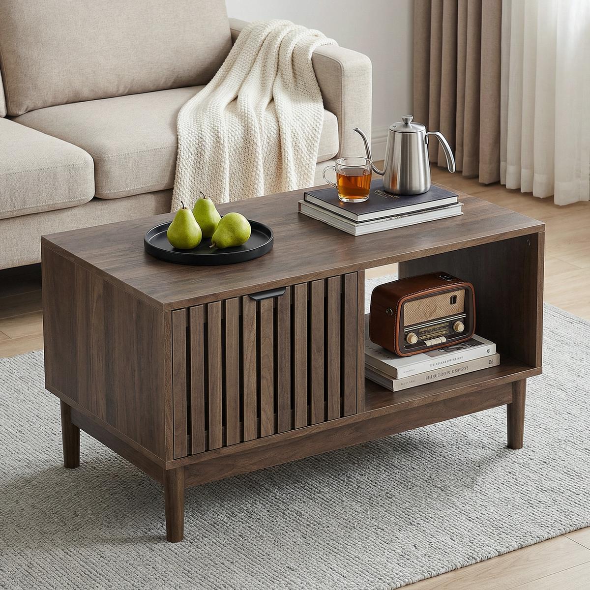 COUCHTISCH holzoptik & gitter-design mit schublade & offenen fächern - Walnussfarben, Holzwerkstoff (50/80/45cm) - Urban Meuble