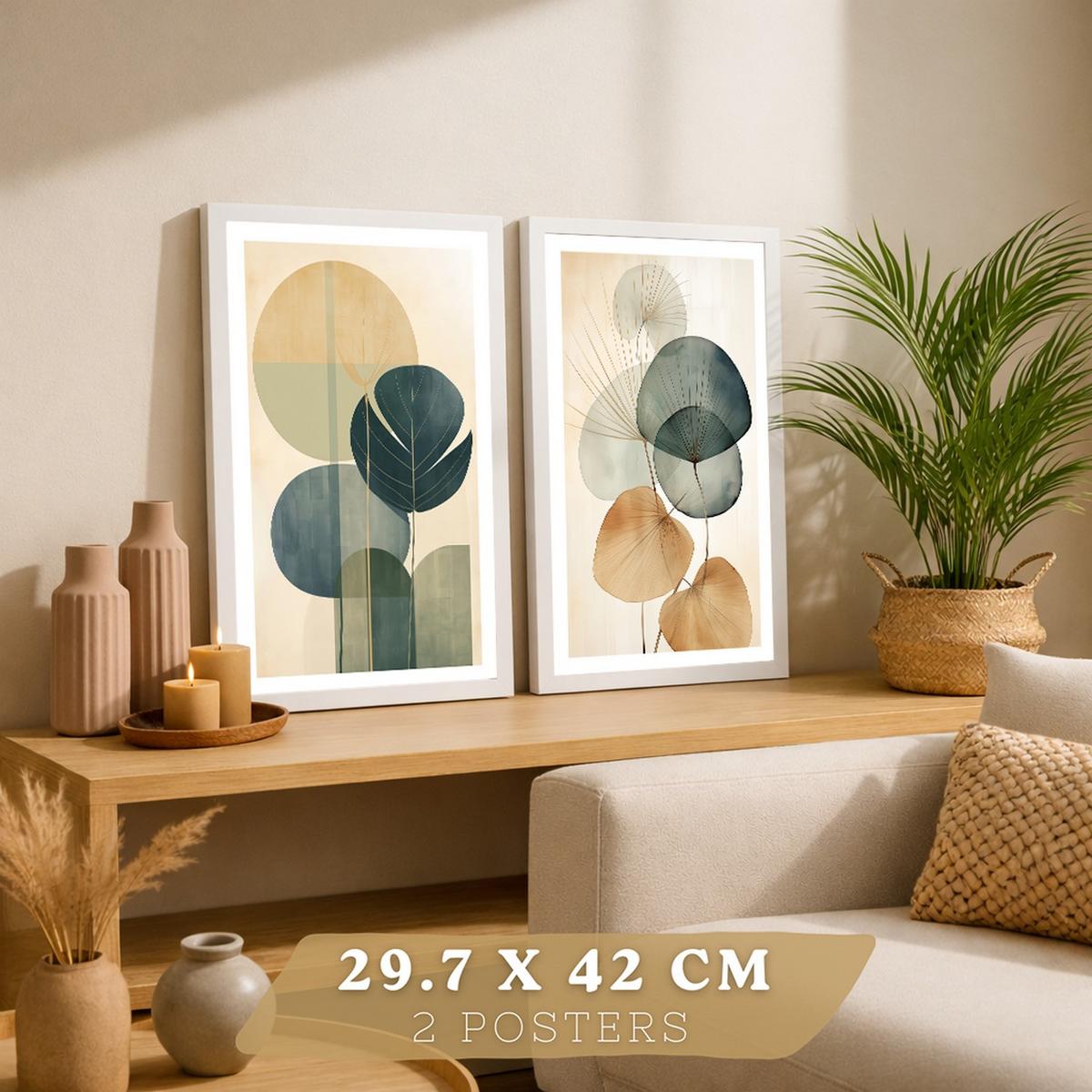 POSTER 2er Bilder-Set Wandbilder Geometrische Blumen modern Wohnzimmer Deko, Schlafzimmer, Küche, Badezimmer Weißer Rahmen A3 - Weiß, Papier (29.7/1/42cm) - Nacnic