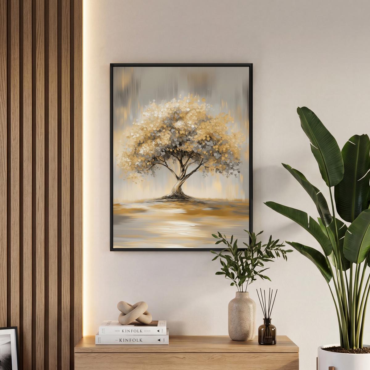 LEINWAND Bilder mit Rahmen - Gemälde - Baum - Abstrakt - Blätter - 50x70 - Beige, Textil (50/70cm) - MuchoWow