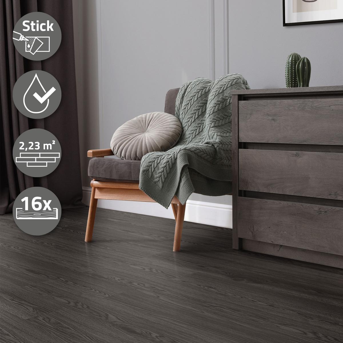 VINYLBODEN selbstklebend 2,23m²/16 Dielen Eiche dunkelgrau - Dunkelgrau, Kunststoff (91.5/15.3/0.2cm) - ML-DESIGN