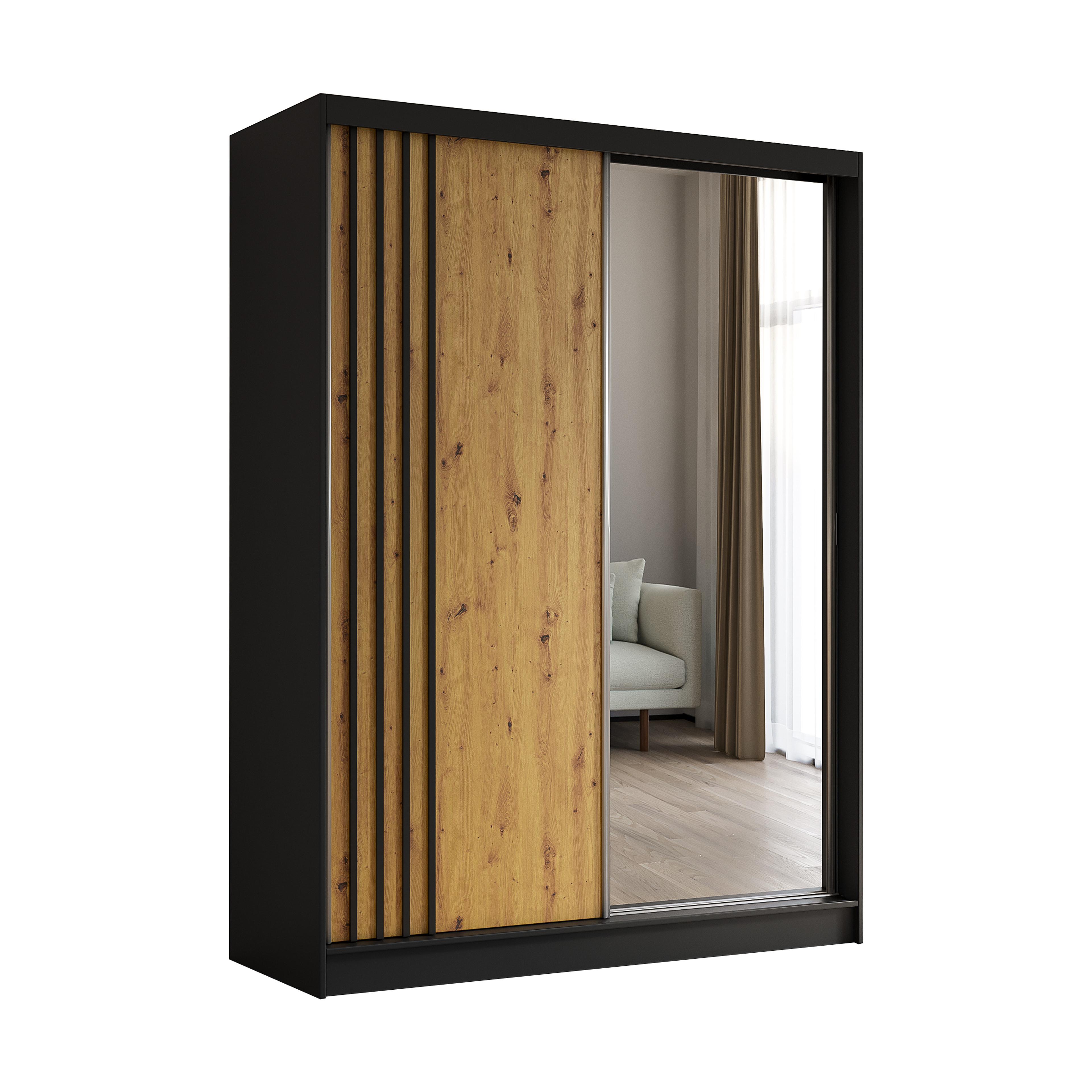 KLEIDERSCHRANK mit Spiegel-Schiebetüren und Aluminium-Leisten - NALLA - 160 cm Schwarz+Artisan+Schwarz - Schwarz/Eiche Artisan, Holzwerkstoff (160/216/61cm) - ALTDECOR