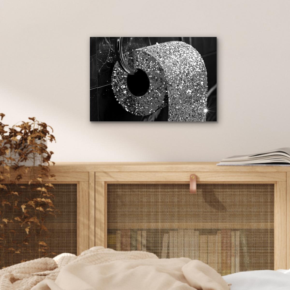METALLBILD WC - Toilettenpapier - Schwarz und weiß - Glitter 30x20 cm - Silberfarben, Metall (30/20cm) - MuchoWow