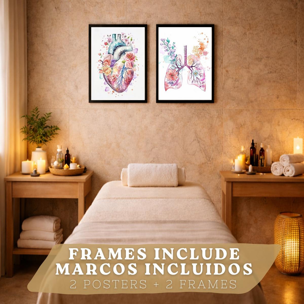 POSTER Set aus 2 Anatomie Mensch Drucke und Wandbilder mit Herz und Atmungssystem Floraler Stil Medizinische Wanddekoration Größe Schwarzer Rahmen A4 - Schwarz, Papier (21/29.7/3cm) - Nacnic