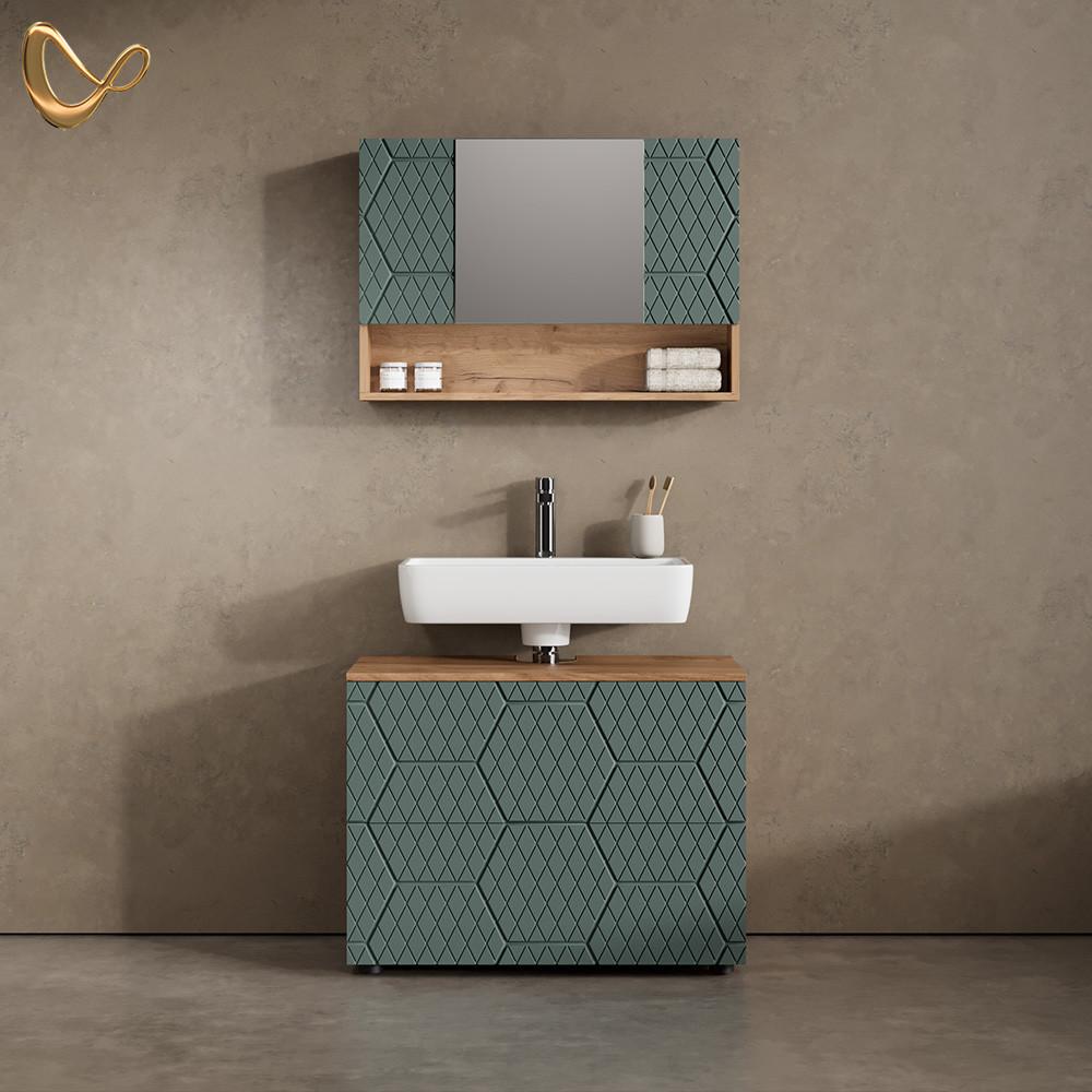 BADMÖBEL-SET Ronco Grün/Goldkraft Eiche 2 Teile, Unterschrank 80 cm - Honigeiche/Grün, Holzwerkstoff (80/58/41cm) - Livinity®