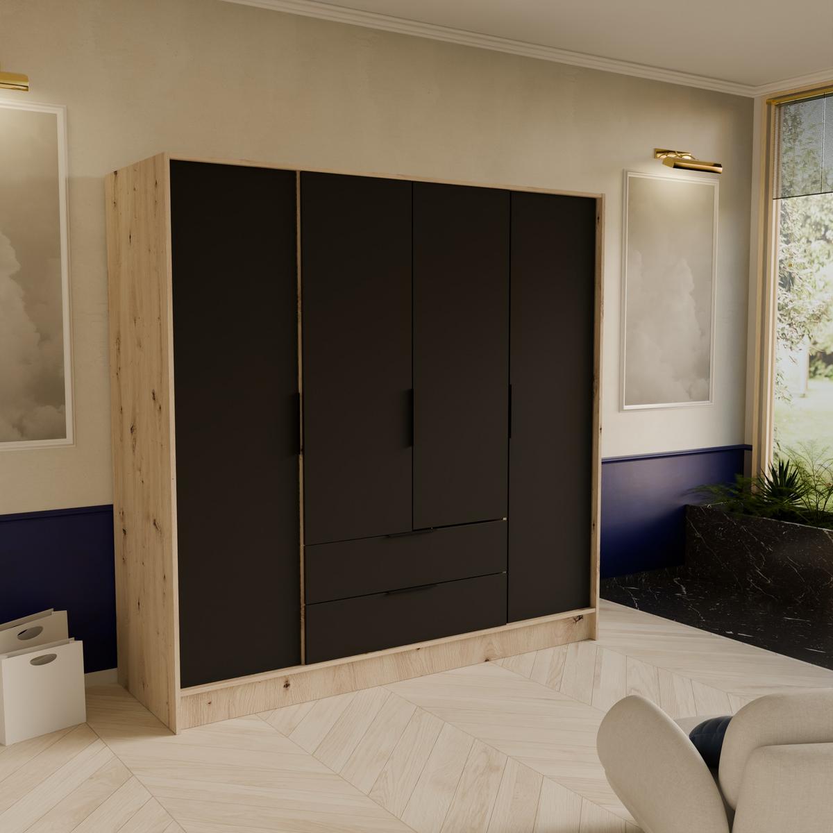 DREHTÜRENSCHRANK CAVA 200/200/51 cm Modern Kleiderschrank 4-türig Eiche Artisan - Schwarz/Eiche Artisan, Holzwerkstoff (200/200/51cm) - MASSENO