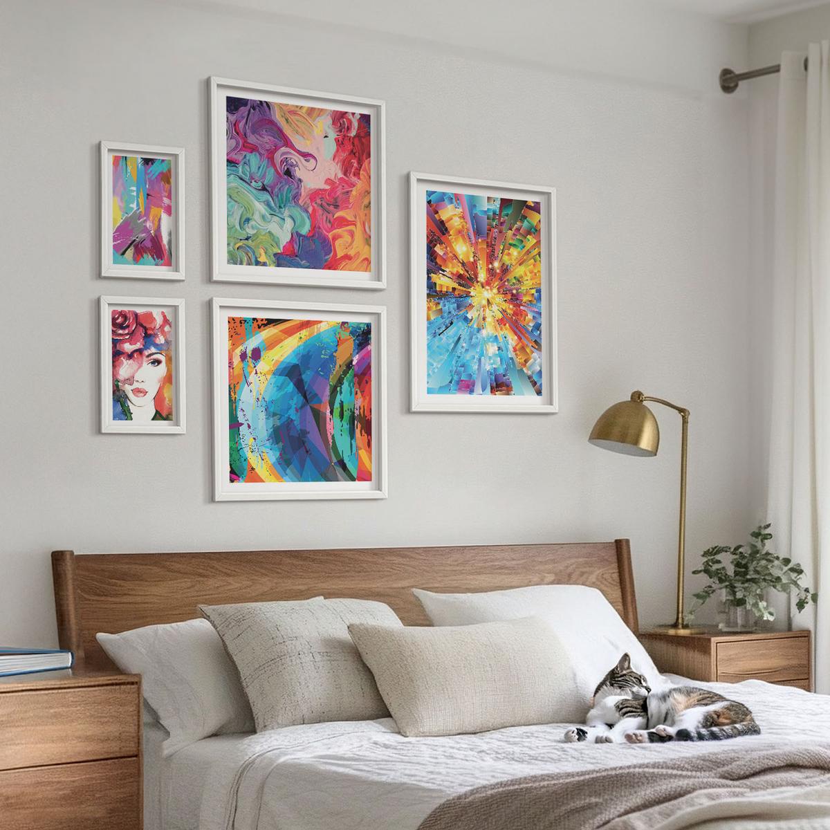 BILDER SET 5er Set - 50x50 cm & 20x30 cm & 40x60 cm Weißer Rahmen - Minimalistische Boho-Illustrationen - Weiß, Kunststoff (40/60cm) - TULUP