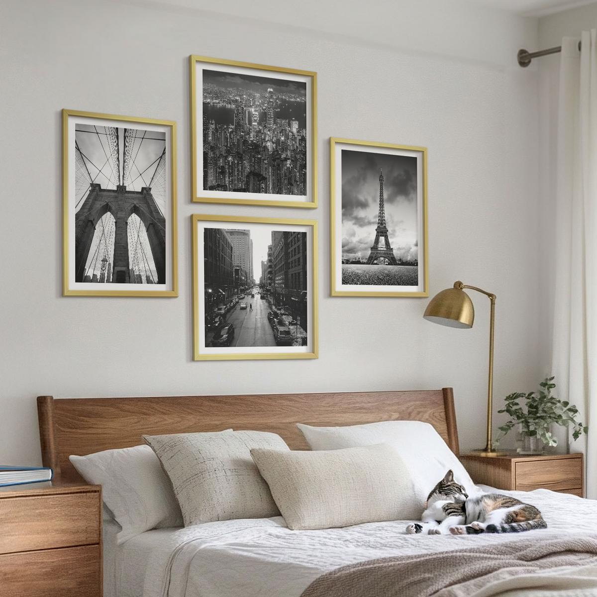 BILDER SET 4er Set - 50x50 cm & 40x60 cm Goldrahmen - Monochromatische Brückentürme - Goldfarben, Kunststoff (50/50cm) - TULUP