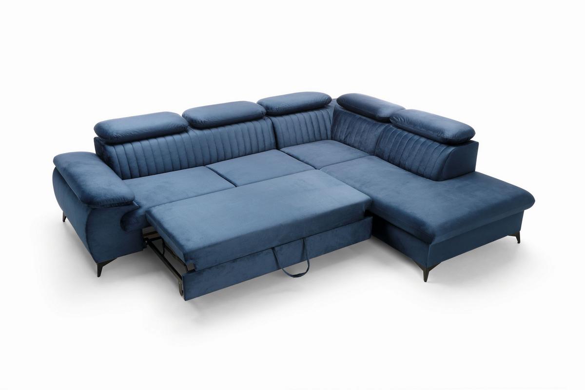 ECKSOFA FIORE Blau Velours-Stoff mit Schlaffunktion - Blau, Holz (275/221cm) - MASSENO