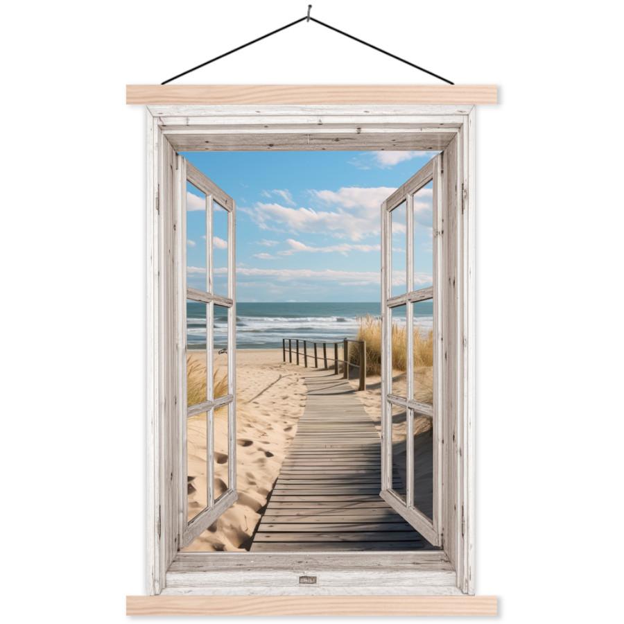 POSTER MIT MAGNETLEISTEN Fenster - Meer - Küste - Natur - Ausblick - Strand - Wattenmeer Deko Wohnzimmer 40x60 cm - Beige, Textil (40/60/0.15cm) - MuchoWow