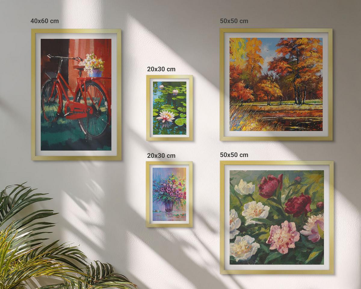 BILDER SET 5er Set - 50x50 cm & 20x30 cm & 40x60 cm Goldrahmen - Seerosen, Fahrradblumen - Goldfarben, Kunststoff (40/60cm) - TULUP