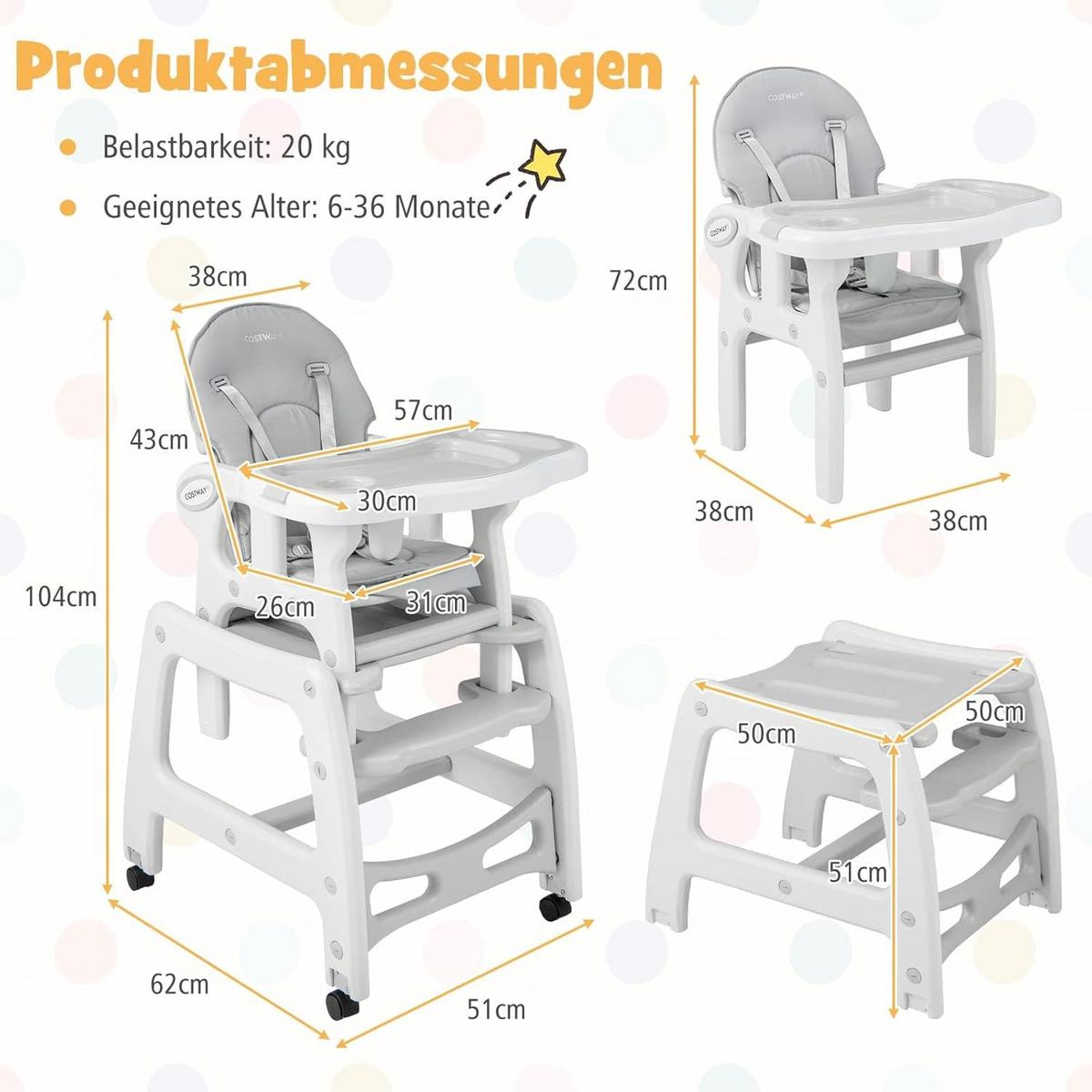 BABYHOCHSTUHL Grau - Grau, Kunststoff (62/104/51cm) - COSTWAY