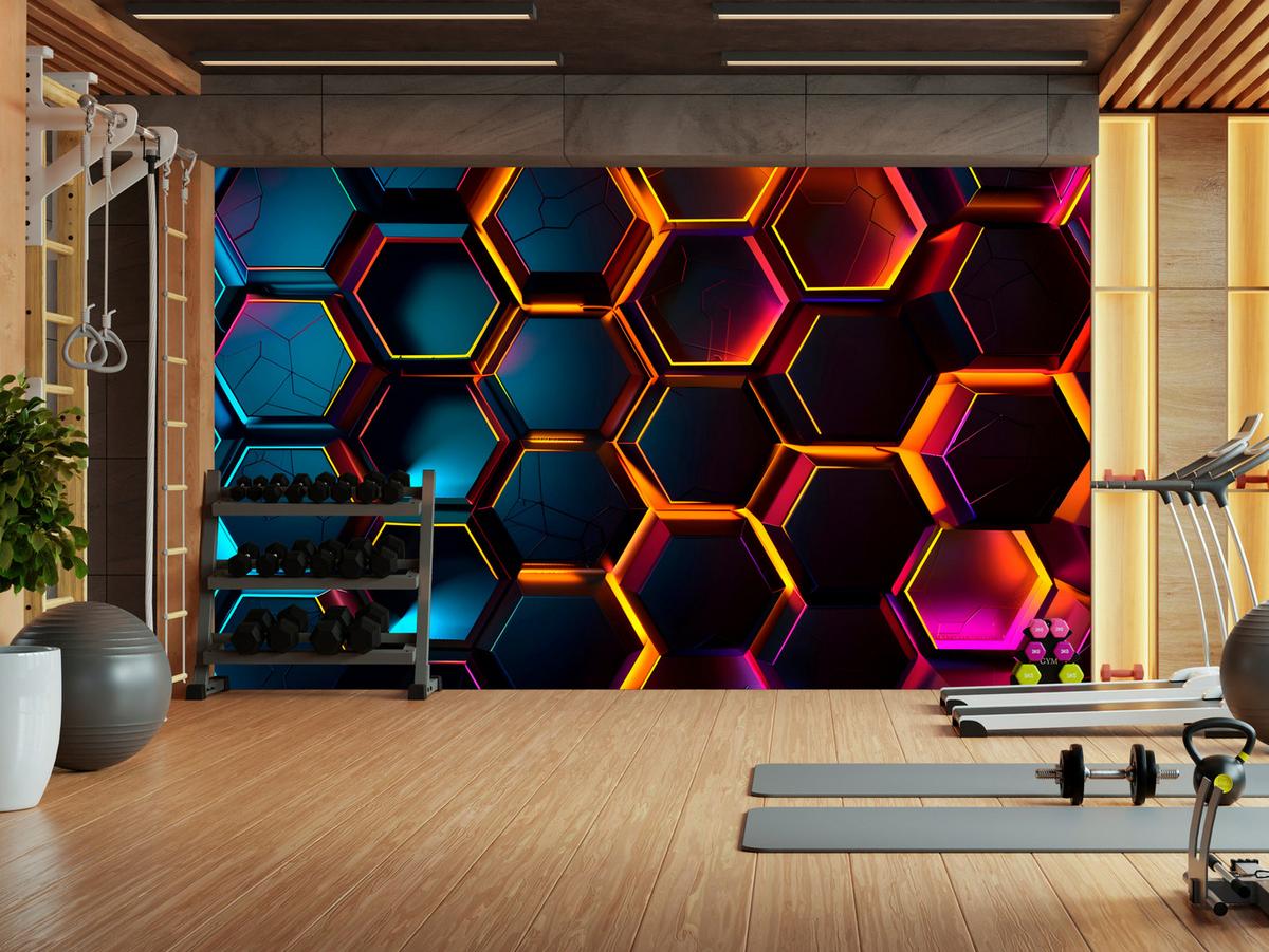 FOTOTAPETE für Jugendzimmer Schwarz Neon Hexagone 300x210 - Gelb/Schwarz, Papier (300/210cm) - Muralo