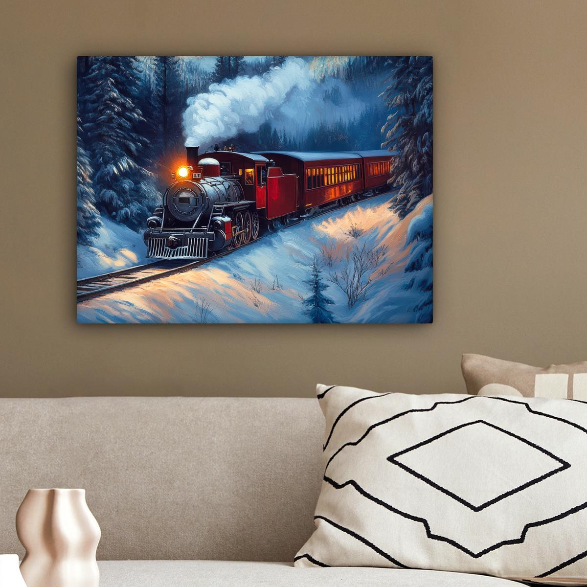 LEINWANDBILD Zug - Weihnachten - Schnee - Weihnachtszug Wandbild 40x30 cm - Anthrazit, Textil (40/30cm) - MuchoWow