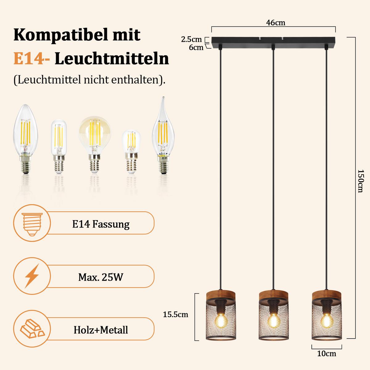 PENDELLEUCHTE Pyrex 46/10/150 cm - Schwarz/Braun, Holz/Metall (46/10/150cm) - ZMH