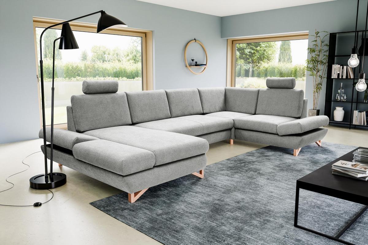 WOHNLANDSCHAFT CASA IV R-S Grau Plüsch-Stoff mit Schlaffunktion - Grau, Holz (344/100/199cm) - MASSENO