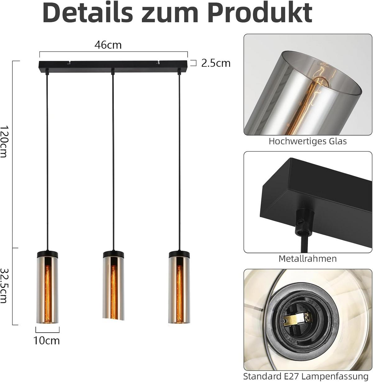 HÄNGELEUCHTE Kessm 46/10/150 cm - Schwarz, Glas/Metall (46/10/150cm) - ZMH