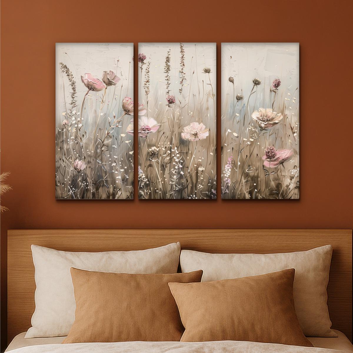 LEINWANDBILD 3er Set Blumen - Beige - Modern - Rosa 90x60 cm - Ecru, Textil (90/60cm) - MuchoWow