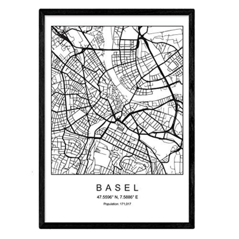 POSTER Basel Stadtkarte – Nordisch A4 Schwarzer Rahmen - Schwarz, Papier (29.7/5/21cm) - Nacnic