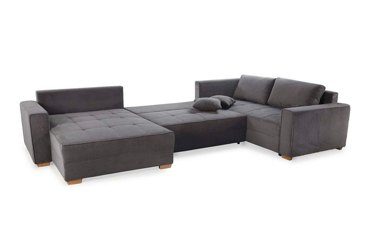 WOHNLANDSCHAFT Schlaffunktion Bettkasten Wellenunterfederung, spiegelverkehrt montierbar U-Form B379/T227/H86 cm, Cord Dunkelgrau / 15198 - Dunkelgrau/Eichefarben, Holz/Textil (379/86/227cm) - luma-home